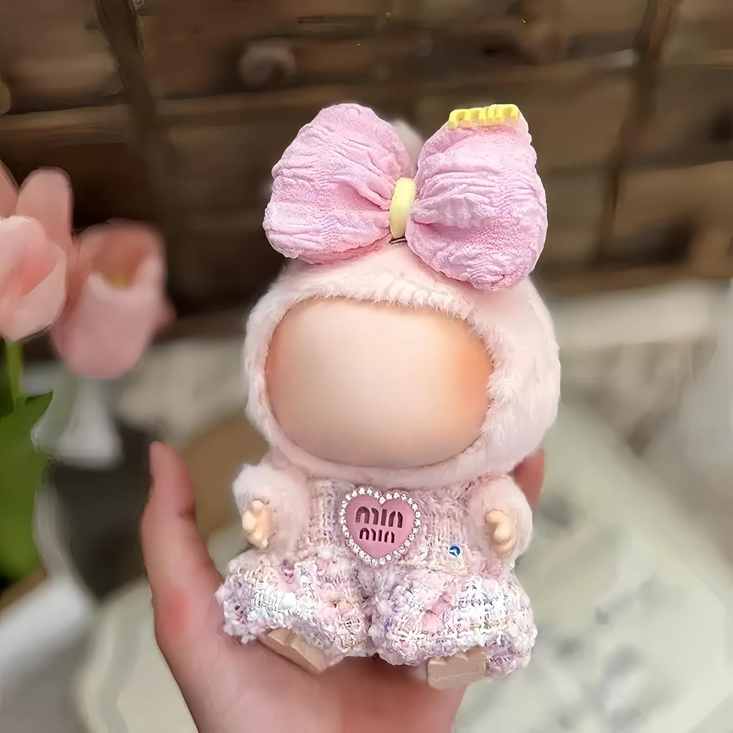 Adorable Pink Outfit Compatible for Labubu – Plush Bow + One-Piece Dress Set | Soft Doll Clothes