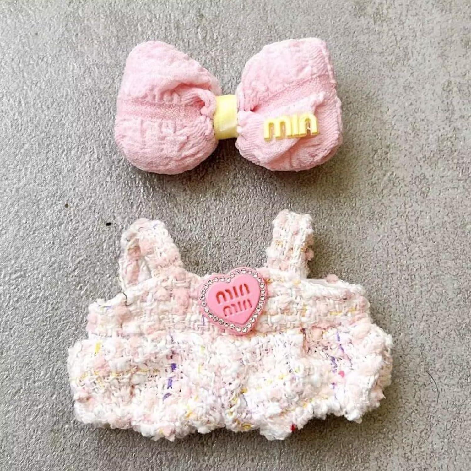 Adorable Pink Outfit Compatible for Labubu – Plush Bow + One-Piece Dress Set | Soft Doll Clothes
