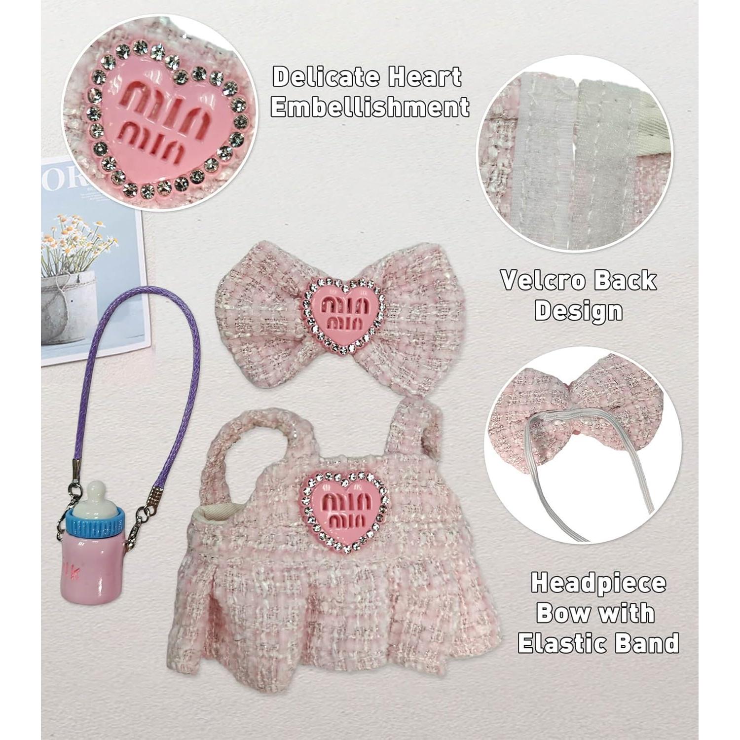 Conjunto vestido a cuadros rosa Labubu + diadema y bolsa