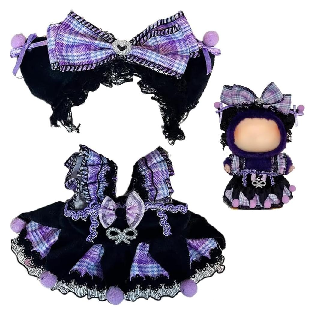 Gothic Lolita Doll Clothes for LABUBU, Purple Plaid Dress with Lace, Bow Headband Outfit Accessories (No Doll)