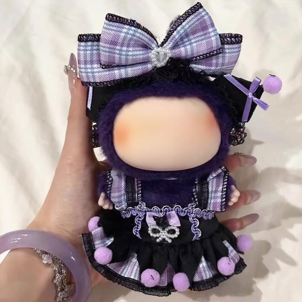 Gothic Lolita Doll Clothes for LABUBU, Purple Plaid Dress with Lace, Bow Headband Outfit Accessories (No Doll)