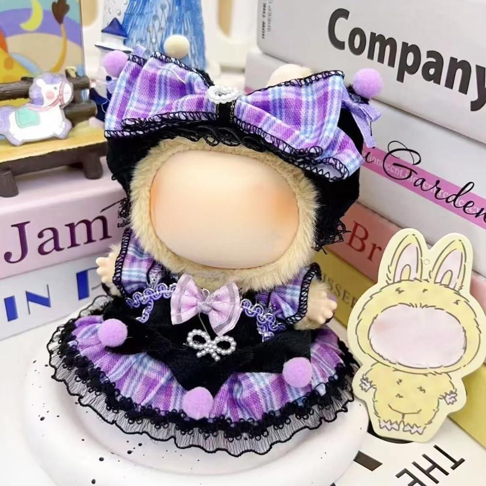 Gothic Lolita Doll Clothes for LABUBU, Purple Plaid Dress with Lace, Bow Headband Outfit Accessories (No Doll)