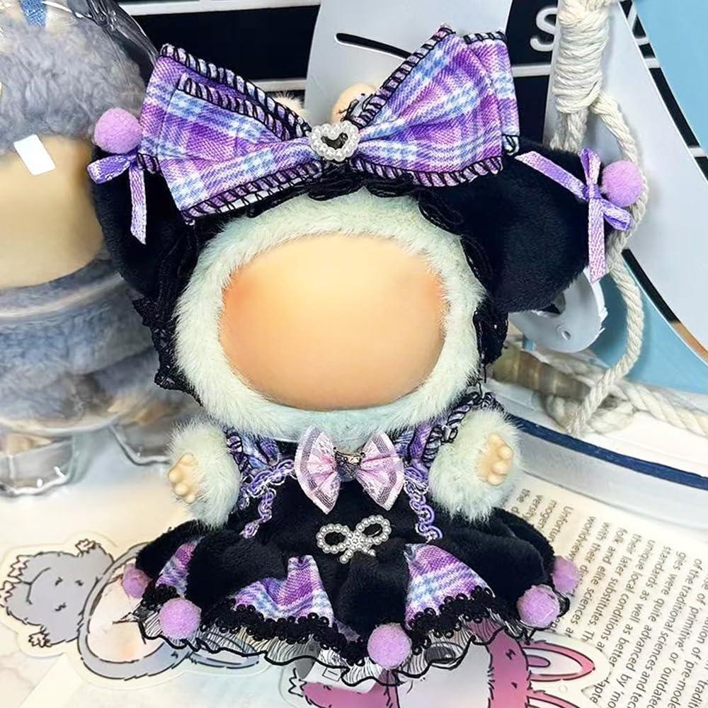 Gothic Lolita Doll Clothes for LABUBU, Purple Plaid Dress with Lace, Bow Headband Outfit Accessories (No Doll)