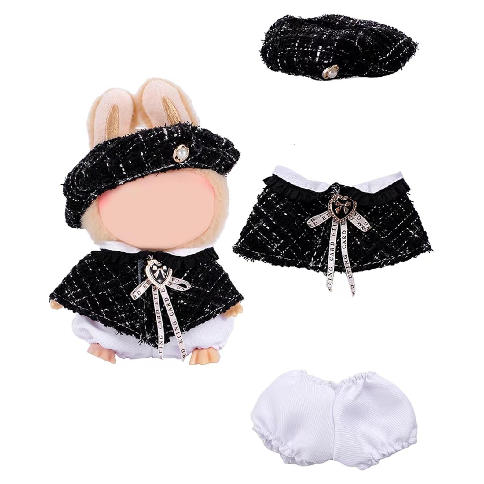 Clothes Dress Set for 15cm-17cm Labubu Luxury Fashion Chic Girls Accessories,3 Piece Outfits for La bubu Doll with hat,Black (NO Doll)