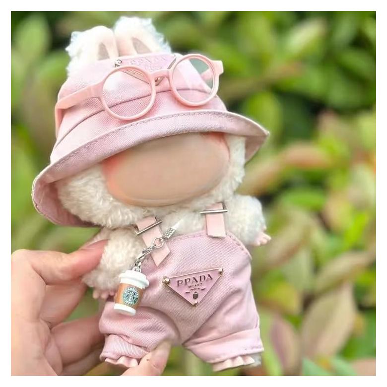 Conjunto de Ropa Rosa para Muñecas Labubu 17cm - Mono, Sombrero, Gafas y Taza