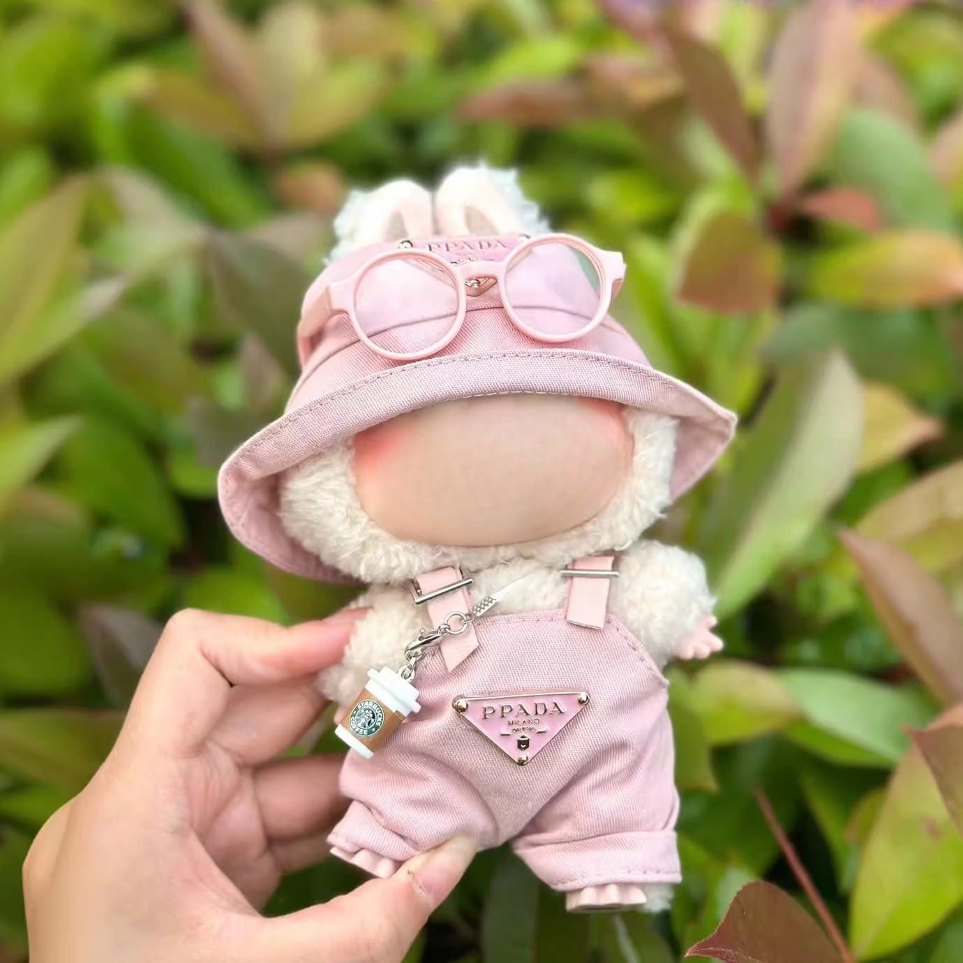 Conjunto de Ropa Rosa para Muñecas Labubu 17cm - Mono, Sombrero, Gafas y Taza