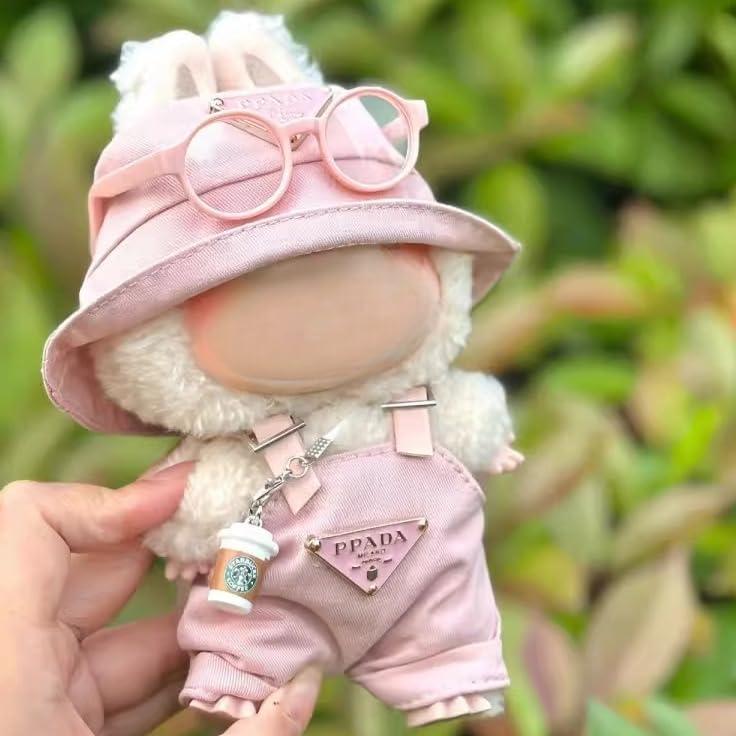 Conjunto de Ropa Rosa para Muñecas Labubu 17cm - Mono, Sombrero, Gafas y Taza