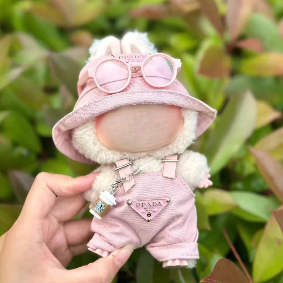 Conjunto de Ropa Rosa para Muñecas Labubu 17cm - Mono, Sombrero, Gafas y Taza
