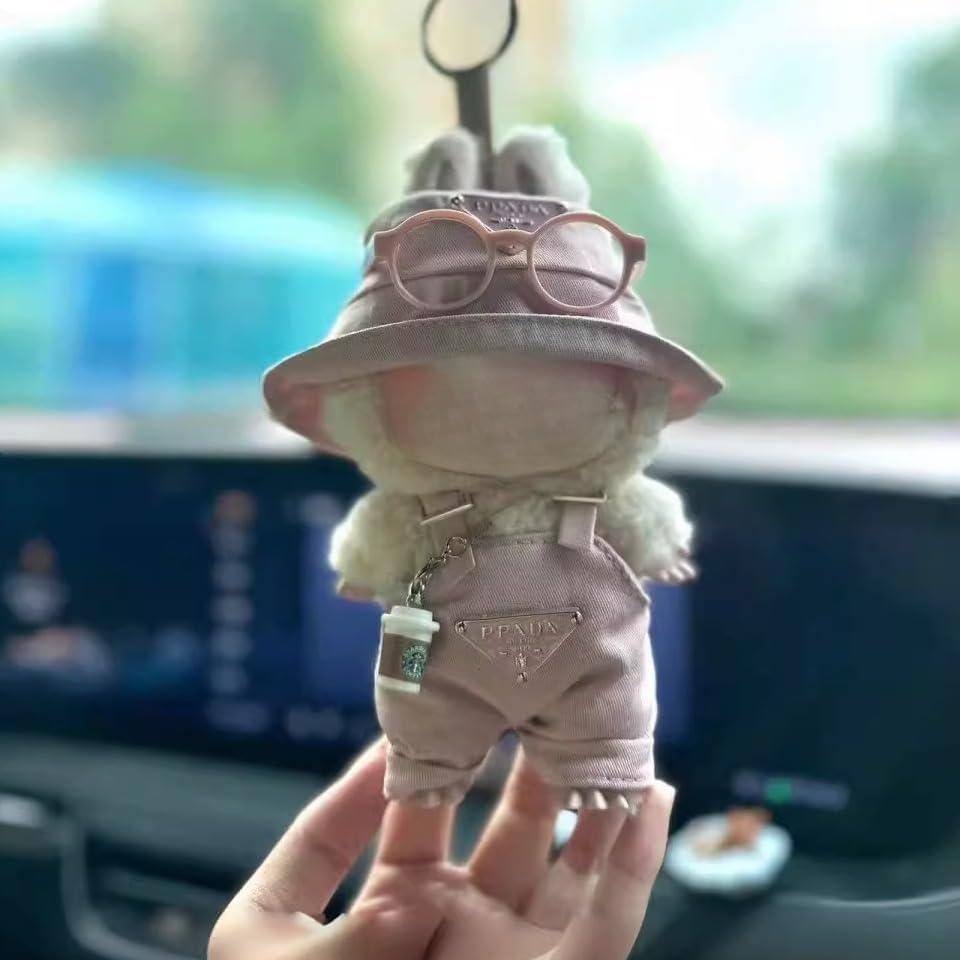 Conjunto de Ropa Rosa para Muñecas Labubu 17cm - Mono, Sombrero, Gafas y Taza