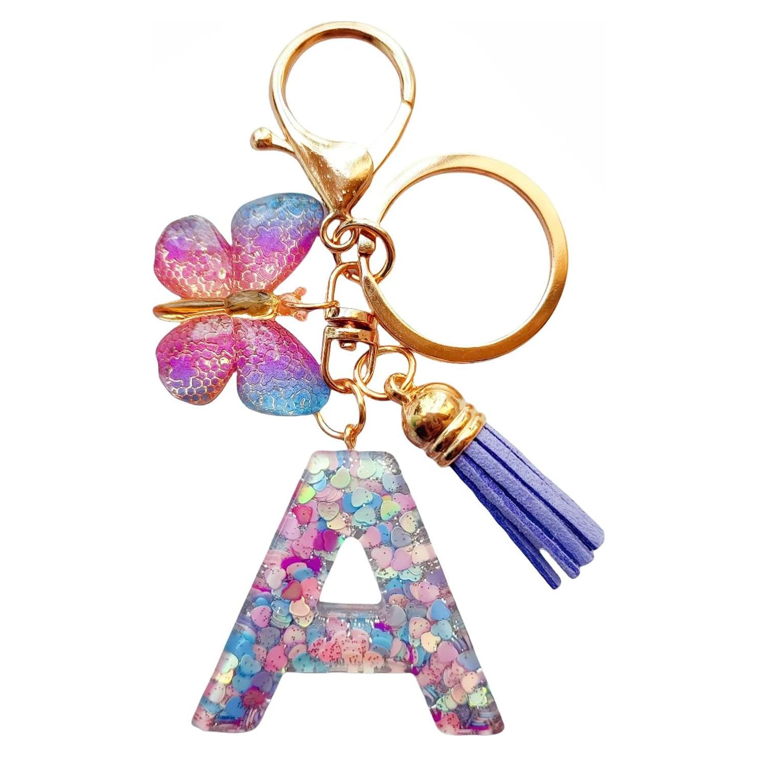 Llavero Inicial Personalizado con Borlas Mariposa Rosa y Verde