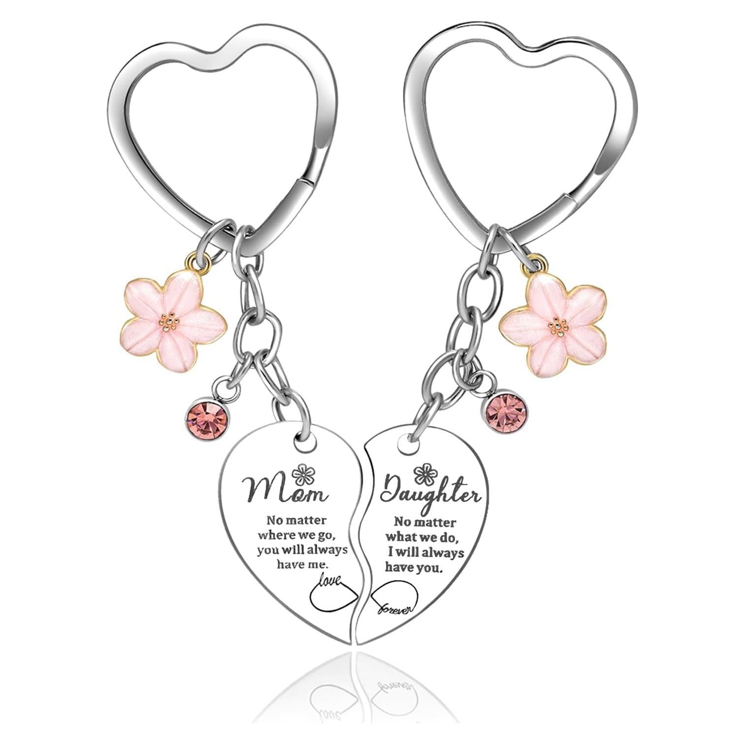 Llaveros Corazón Mamá e Hija con Rhinestone Rosa - 2 Pcs