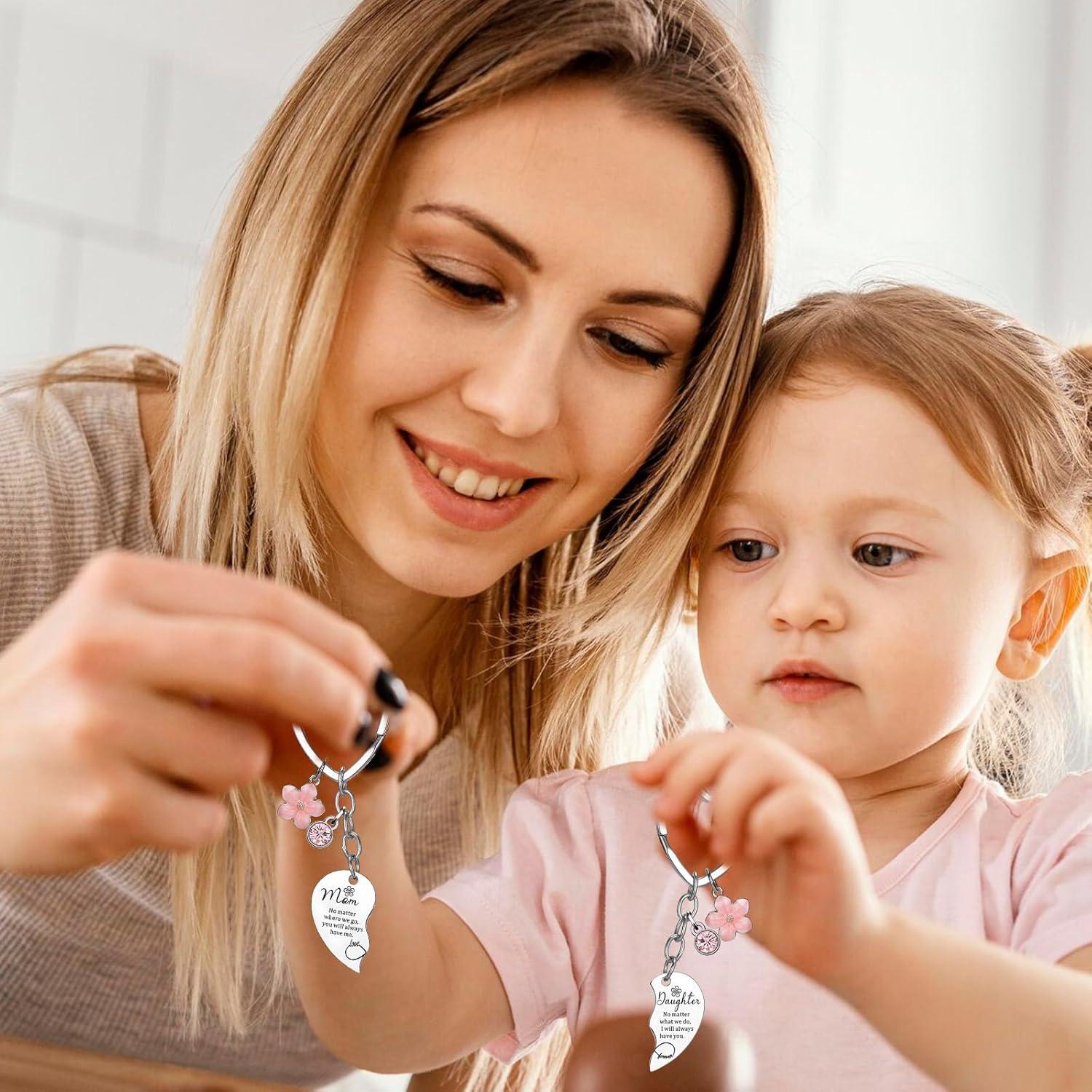 Llaveros Corazón Mamá e Hija con Rhinestone Rosa - 2 Pcs