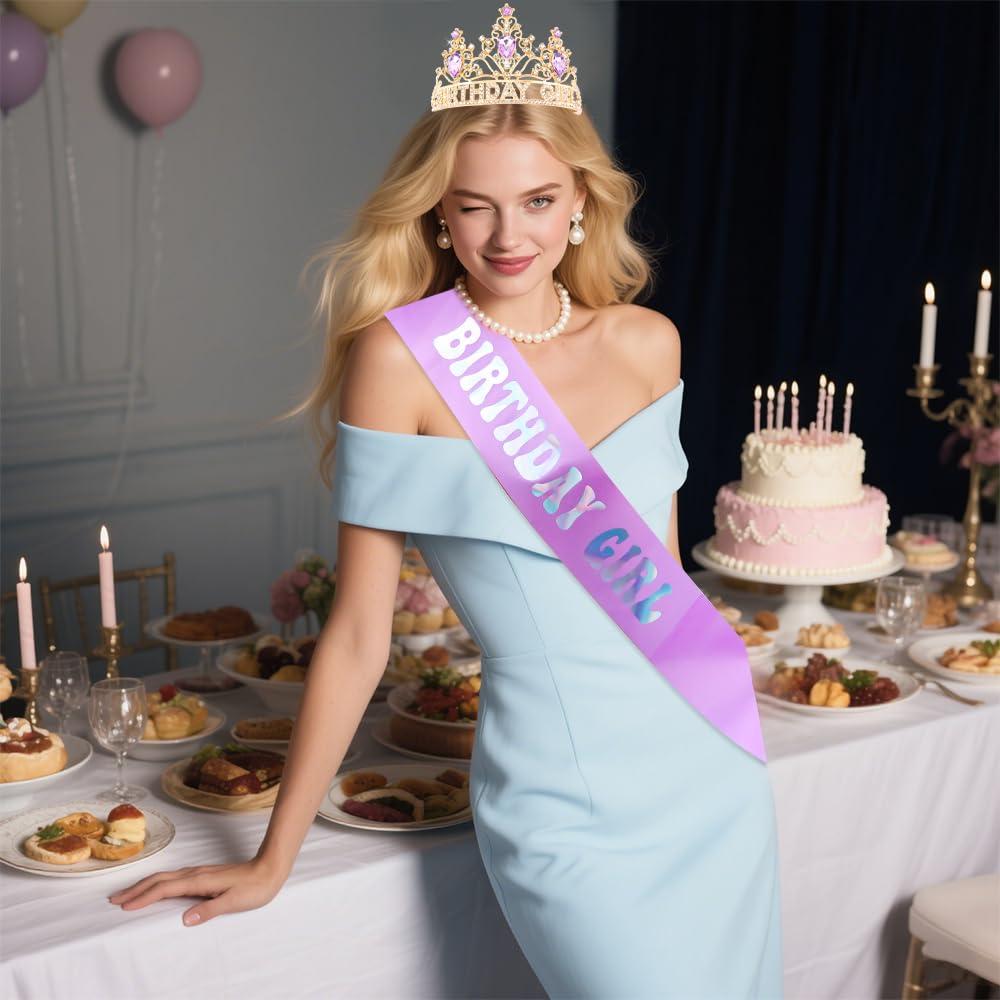 Corona y Banda de Cumpleaños AHONEY Morada para Niñas y Mujeres