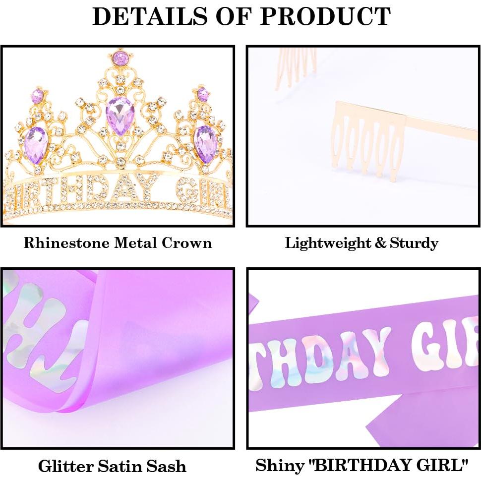 Corona y Banda de Cumpleaños AHONEY Morada para Niñas y Mujeres