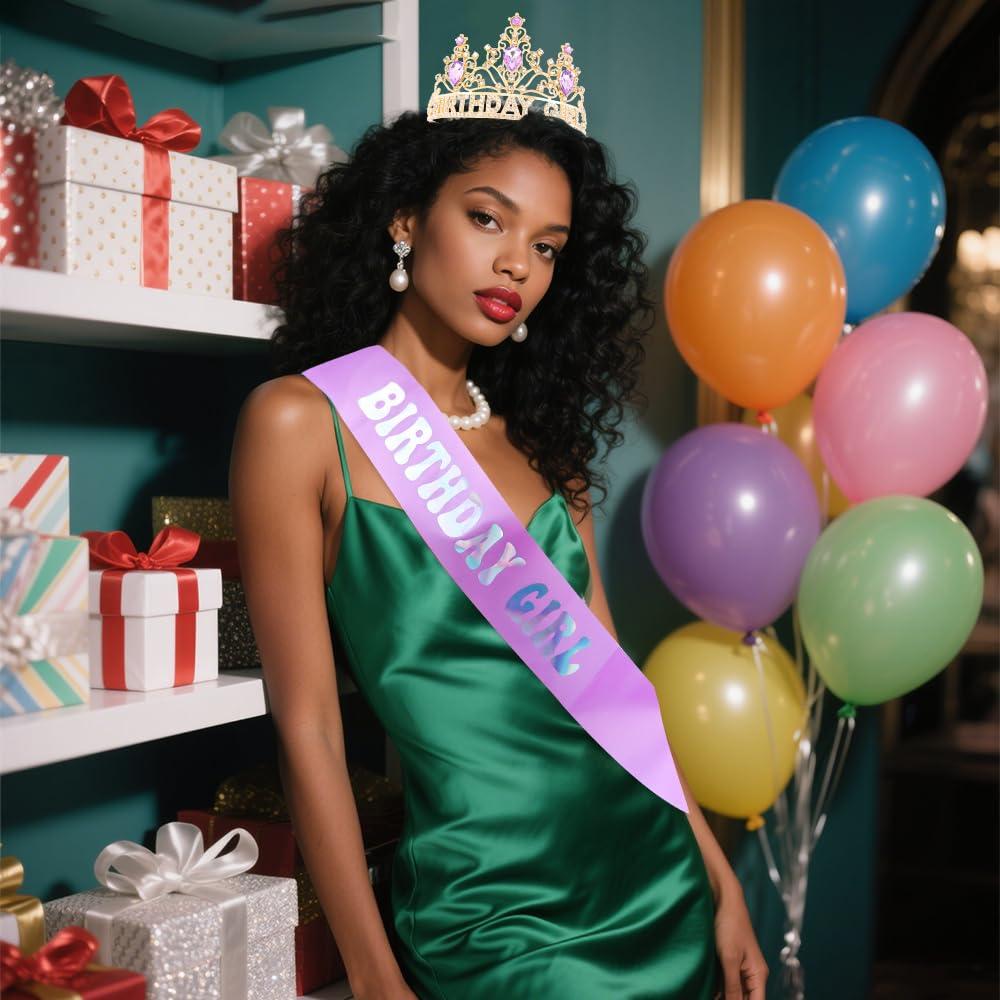 Corona y Banda de Cumpleaños AHONEY Morada para Niñas y Mujeres