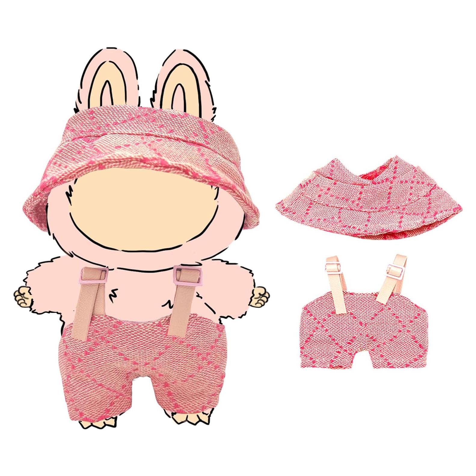 17 cm Doll Clothes Set, Pink Hat & Overalls Clothes 2-Piece Set for 15/17 cm lab, Stylish Adorable Accessories for Doll, Stylish Outfit for Boys Girls Birthday Collectors (2PC Pink)