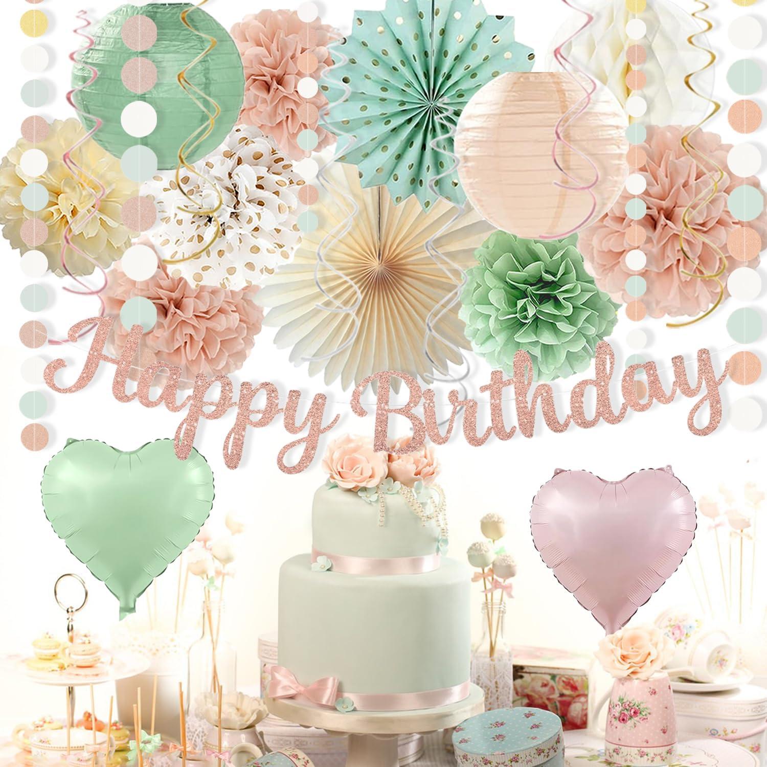 Kit de Decoración de Cumpleaños Vztipki Verde Salvia y Rosa Rubor