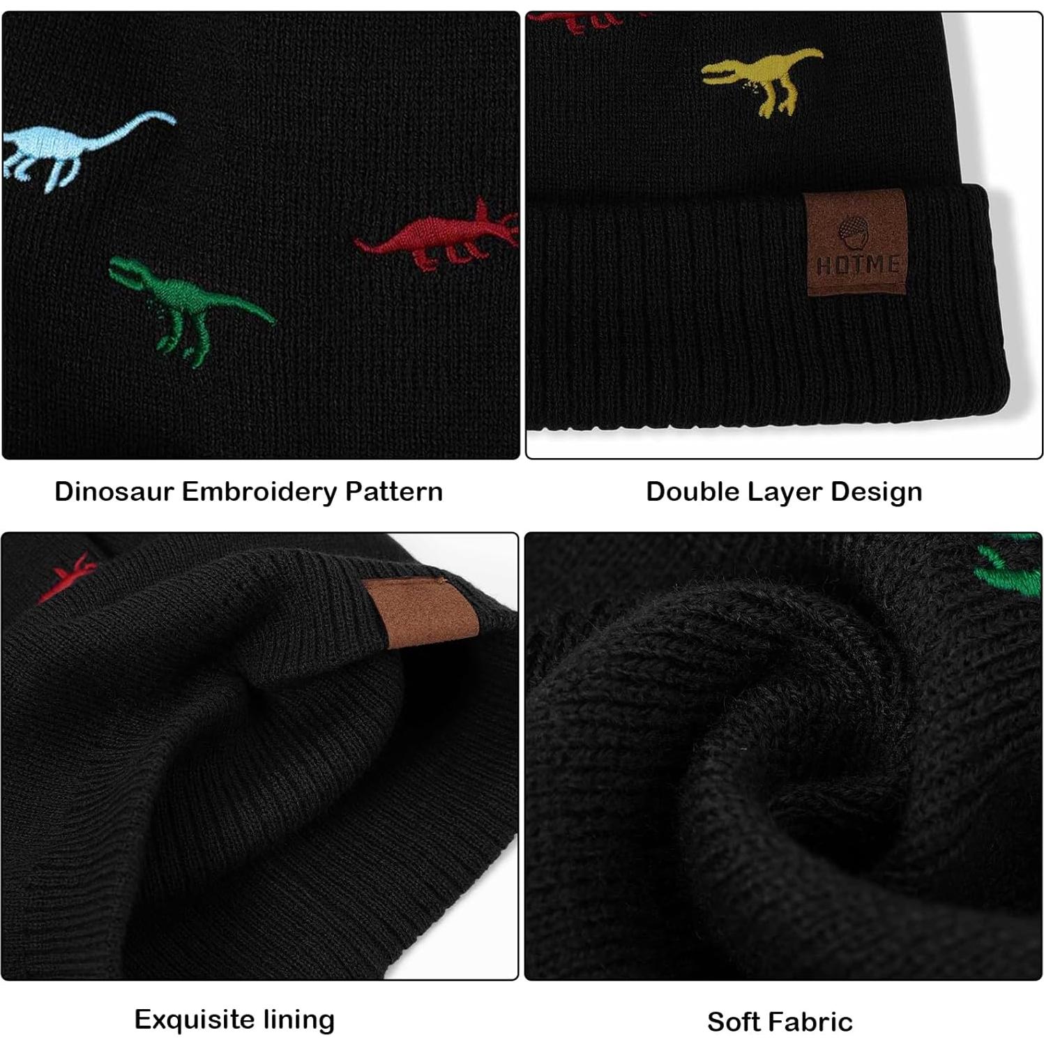 Gorro Beanie Térmico Bordado de Dinosaurio para Bebé 6-24 Meses