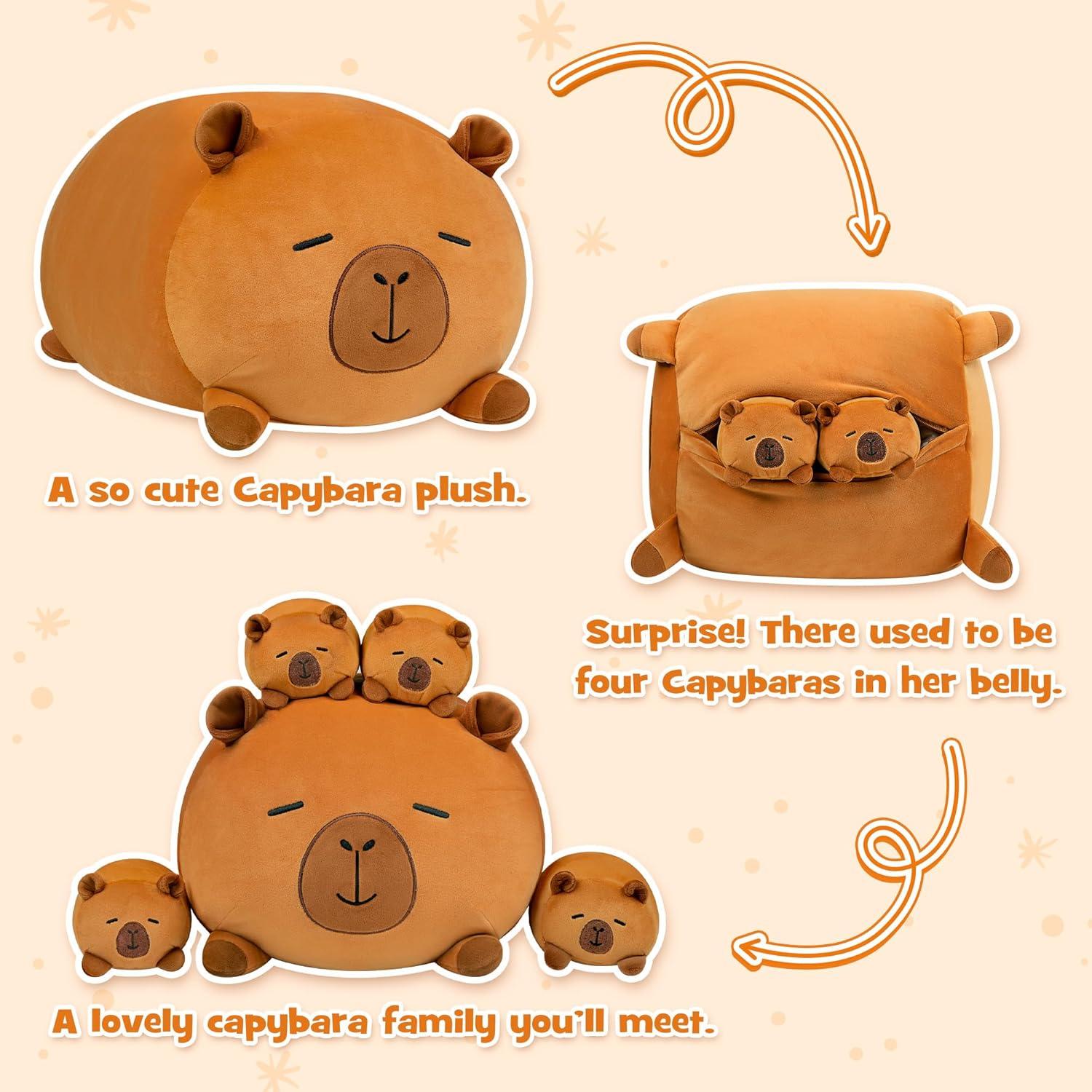 Peluche Capibara YIIQUWEN con 4 Bebés Suaves 37.5x32.5 cm