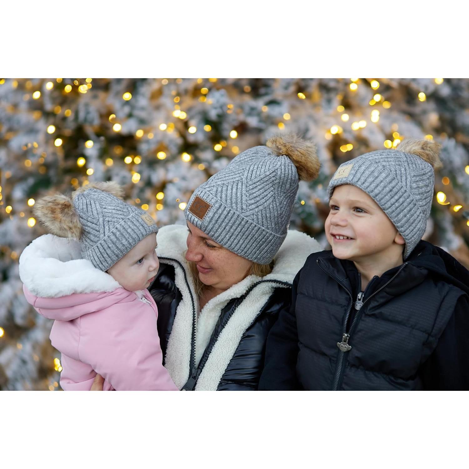 Conjunto de Gorras Pom Pom Mamá e Hijo - Invierno Gris Jaspeado