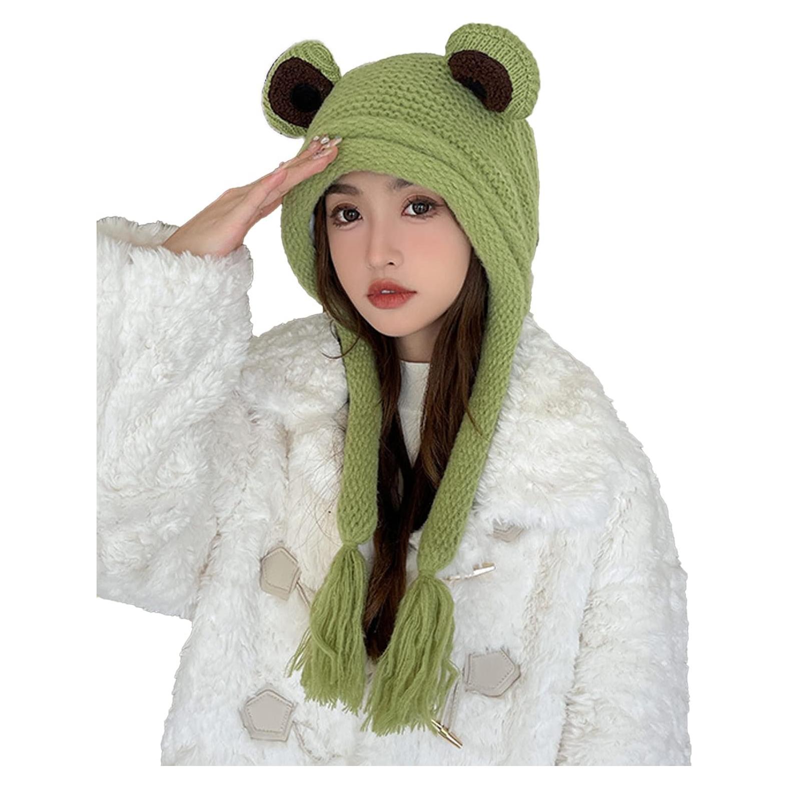 Gorro de Rana Adulto Tejido a Mano Verde con Ojos Grandes