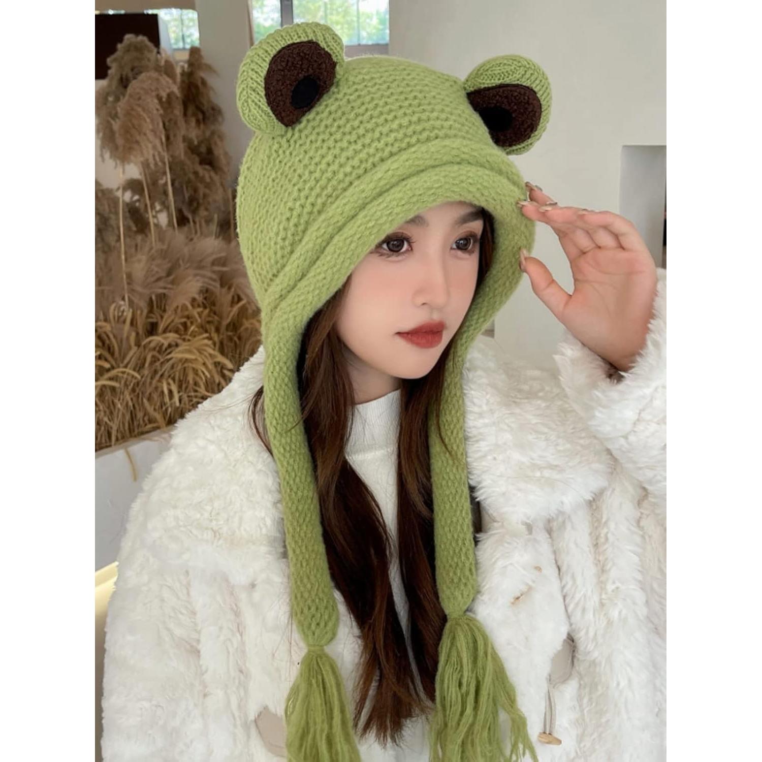 Gorro de Rana Adulto Tejido a Mano Verde con Ojos Grandes