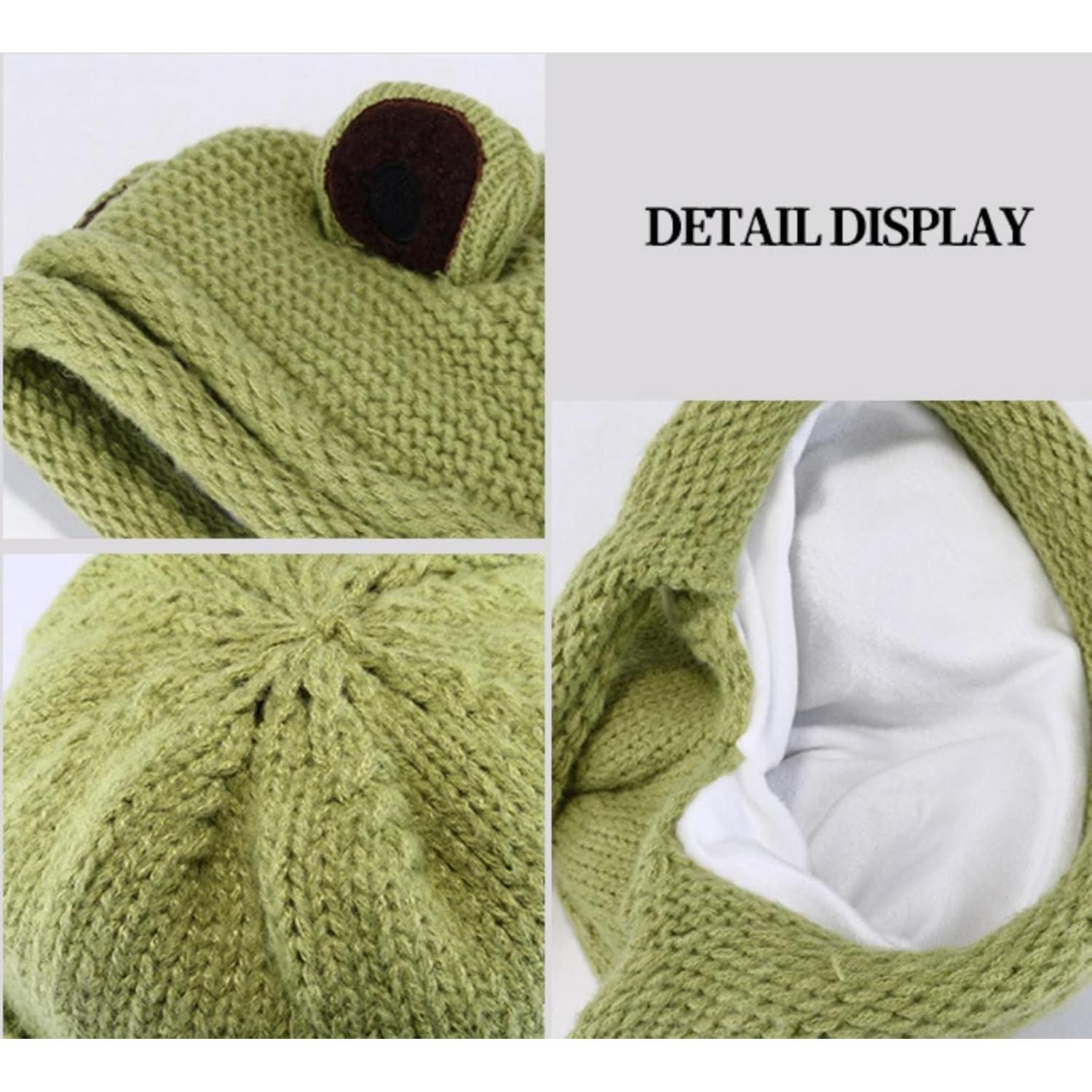 Gorro de Rana Adulto Tejido a Mano Verde con Ojos Grandes