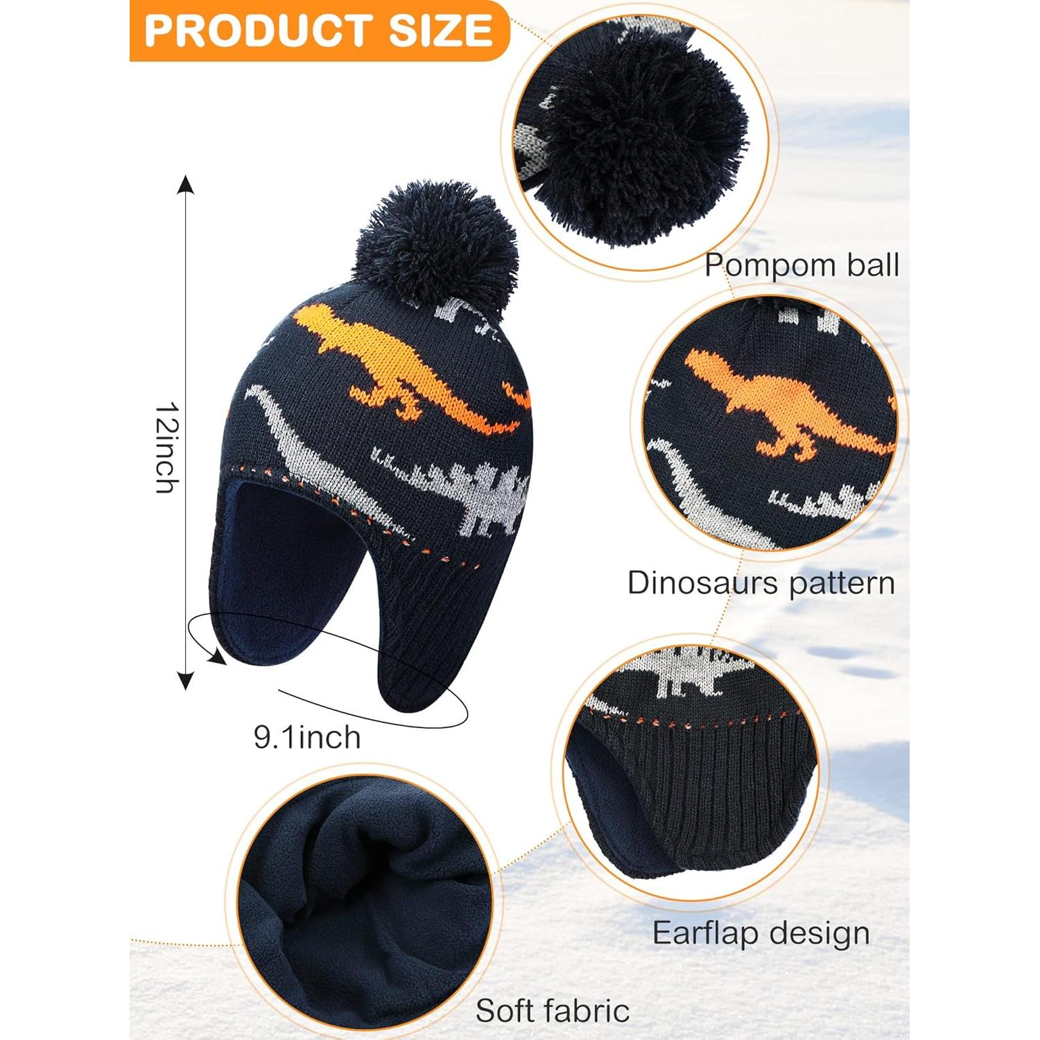 Conjunto Gorro y Guantes Invierno Bebés Dinosaurios - Negro