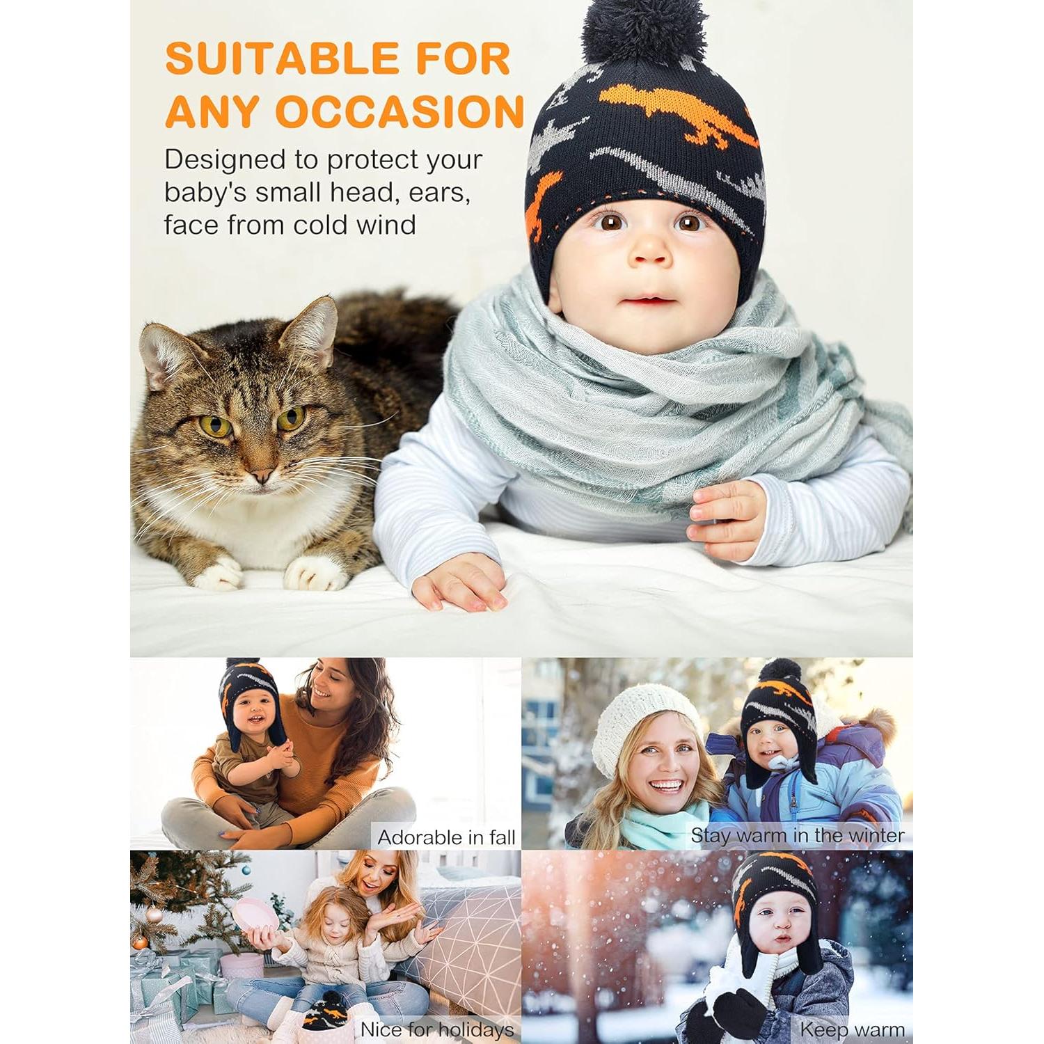 Conjunto Gorro y Guantes Invierno Bebés Dinosaurios - Negro