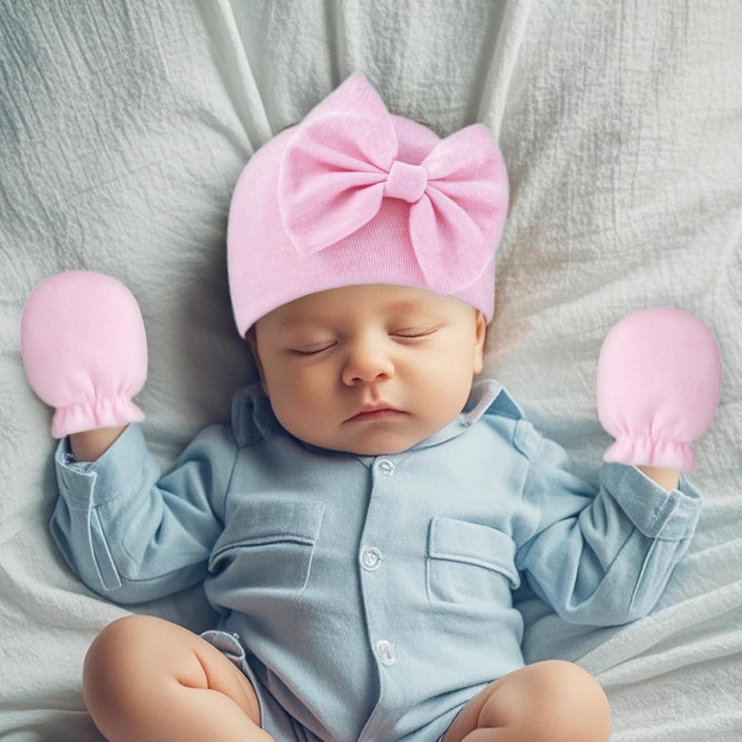Conjunto Gorro y Manoplas Bebé Niña Rosa con Lazo 0-6 Meses