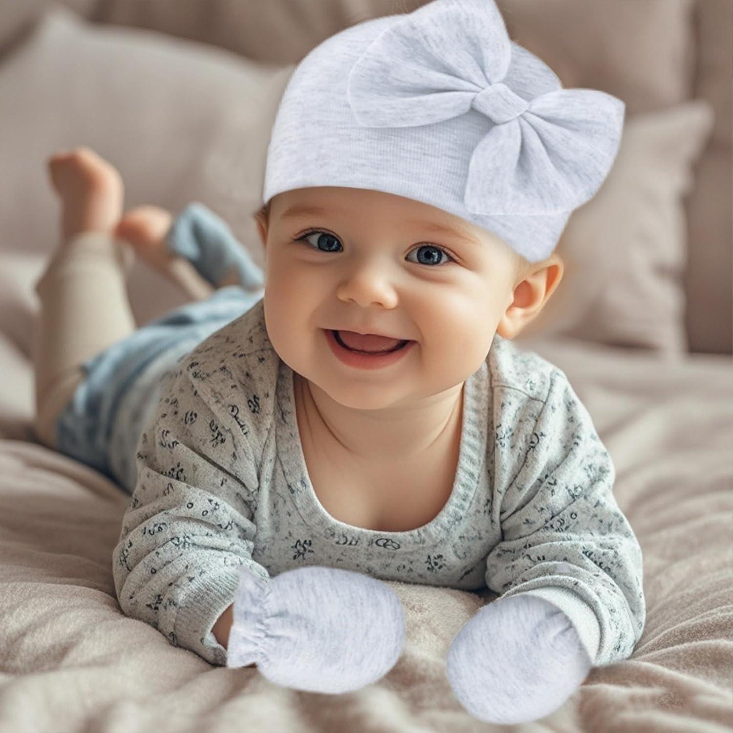 Conjunto Gorro y Manoplas Bebé Niña Rosa con Lazo 0-6 Meses