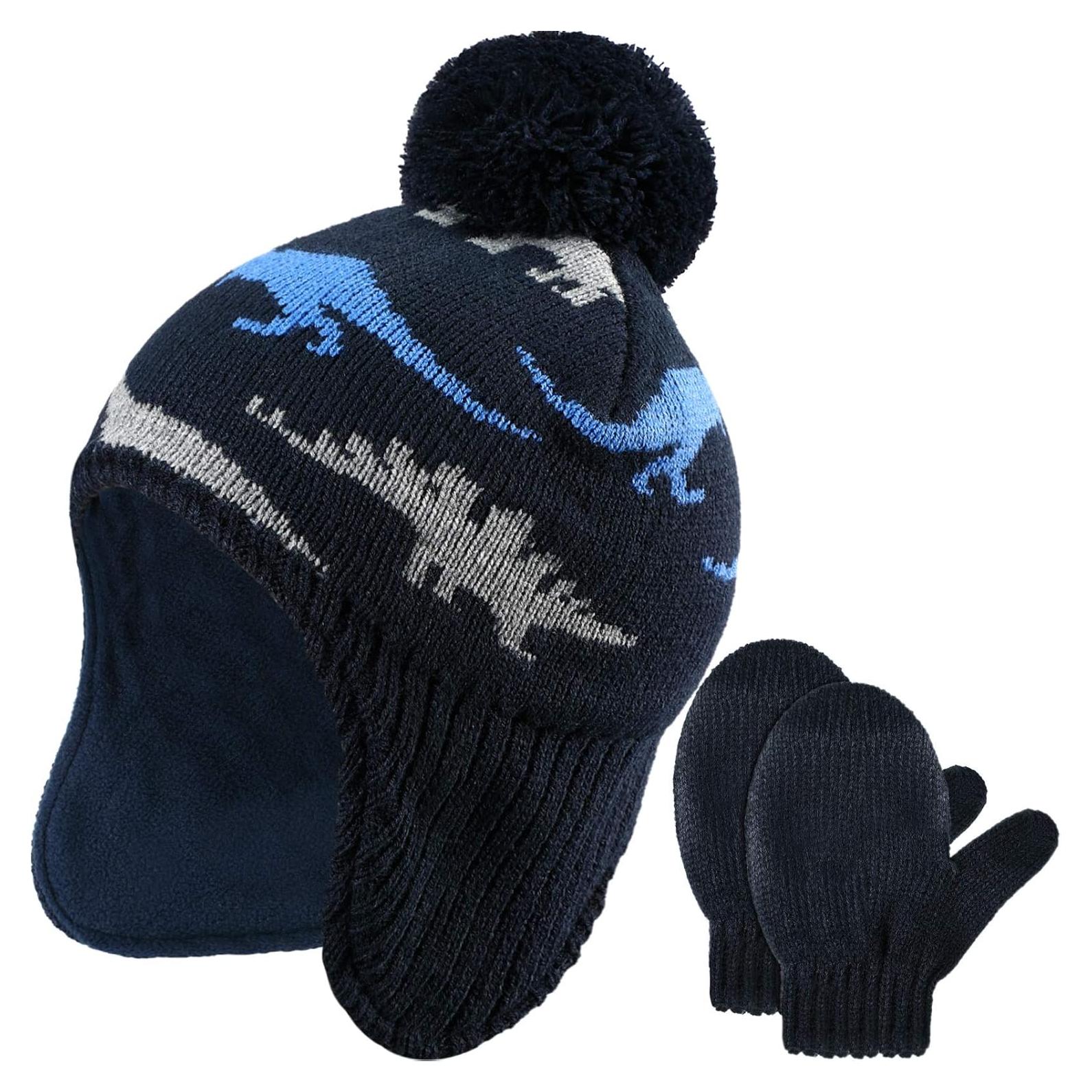 Conjunto Gorro de Invierno y Mitones para Niños 4-5 Años Azul Marino