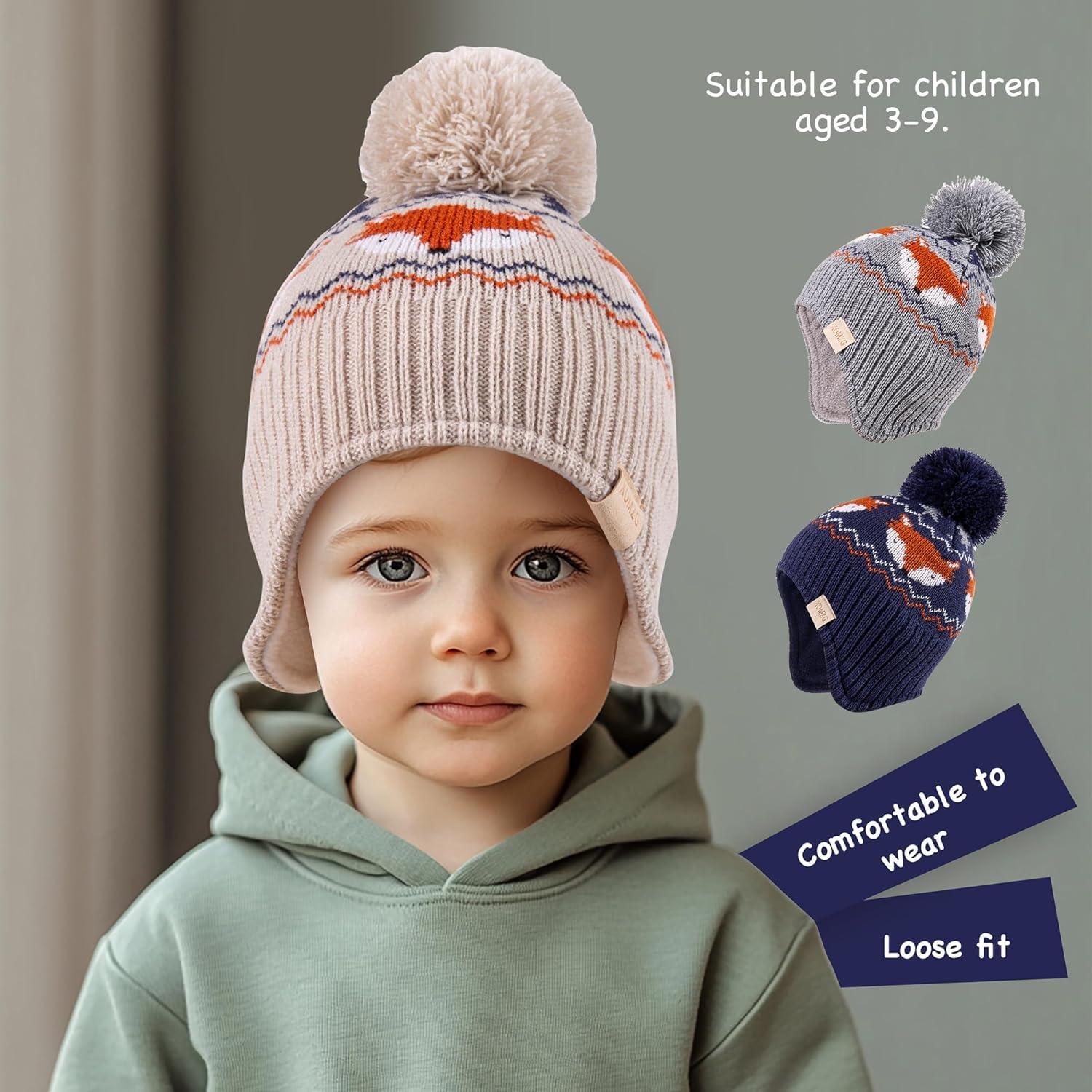 Gorro Beanie para Niños con Orejeras y Bufanda Beige