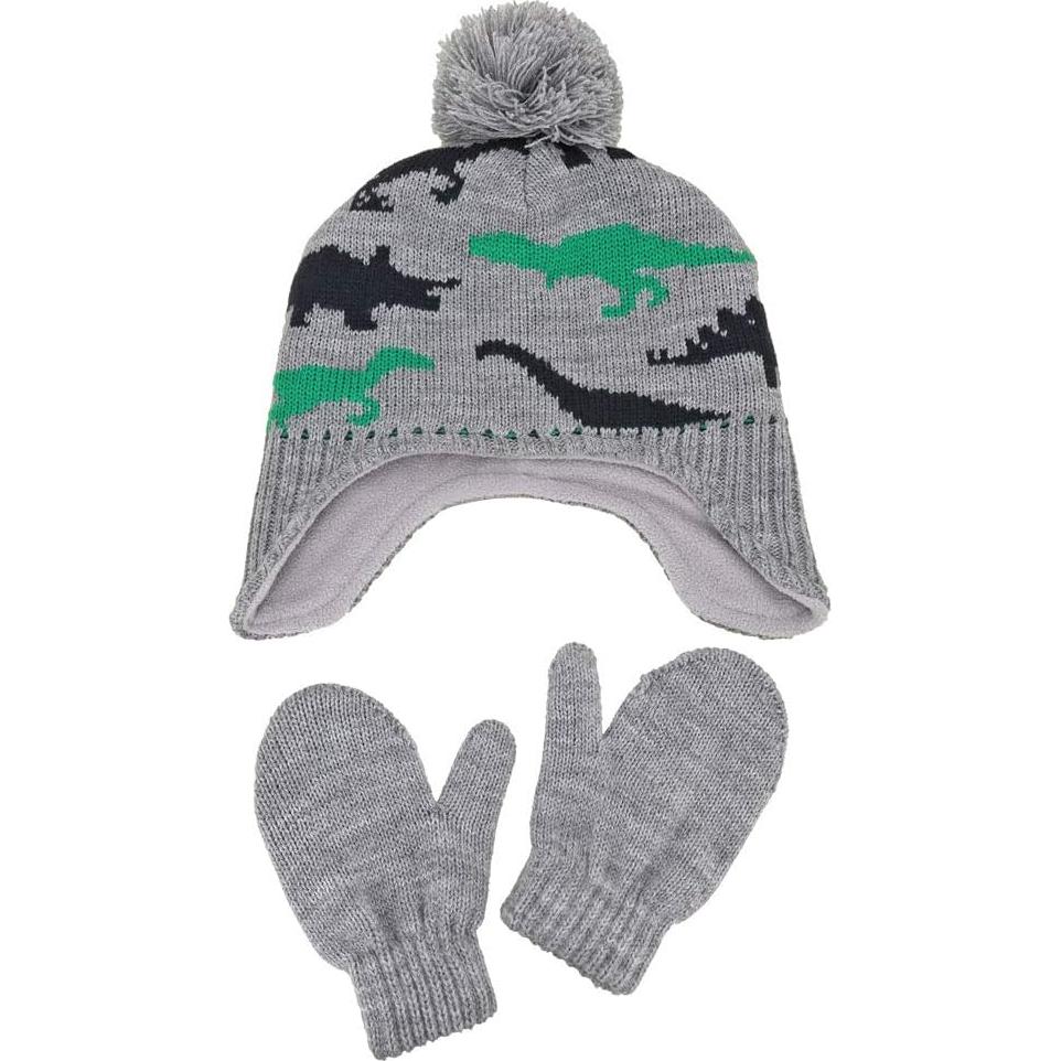 Conjunto Gorro y Guantes Invierno Niños Dinosaurio Verde