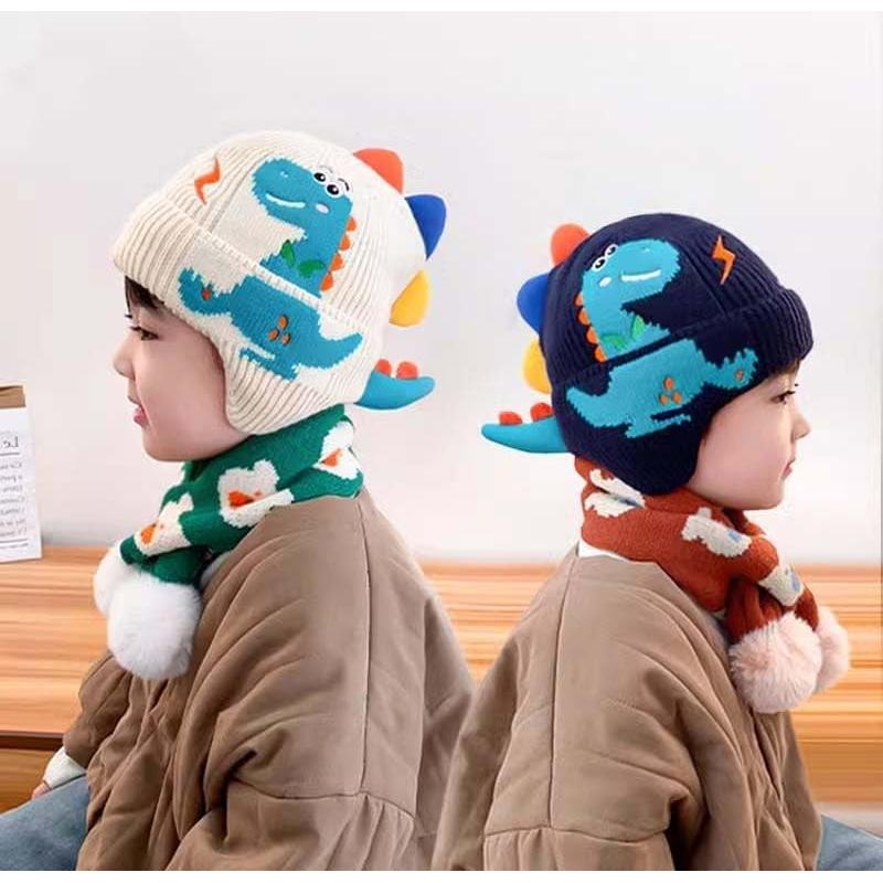 Gorro de Invierno Dinosaurio para Niños 2-7 Años con Bufanda