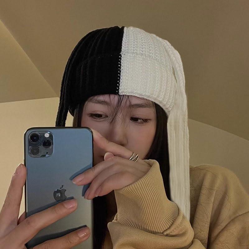 Gorro de Conejo Lindo para Invierno - Talla Única - Negro y Blanco