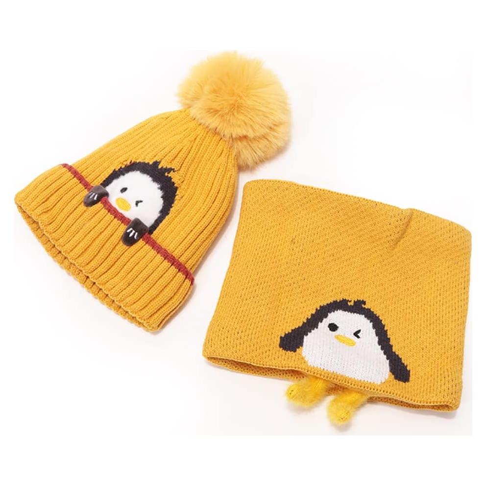 Kids Cartoon Knitted Hat Warmer Baby Girls Boys Winter Cap Winter Beanie Hats Scarf Cartoon Penguin Hat Multicolored