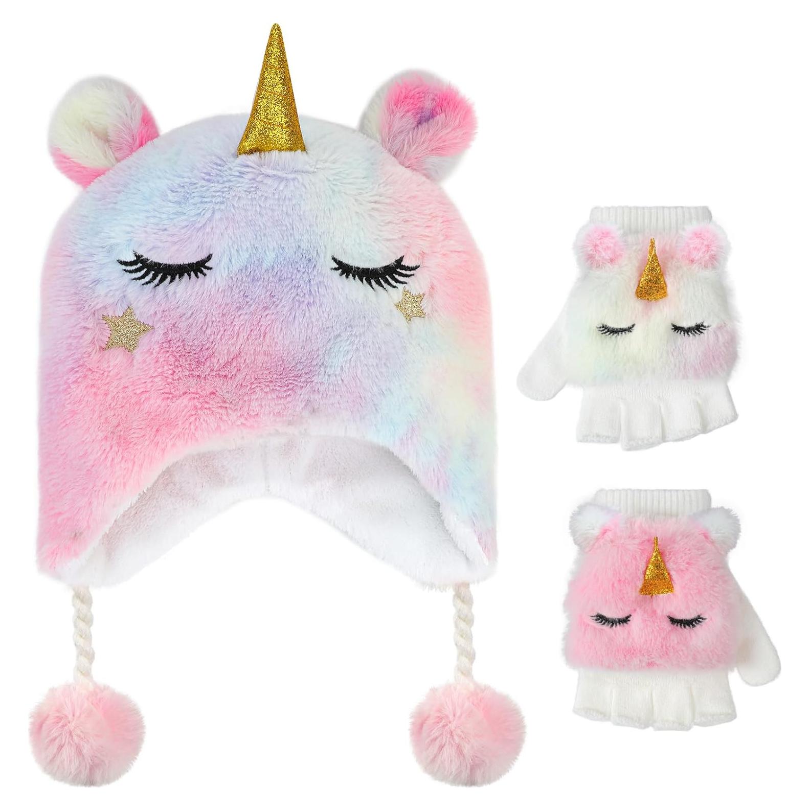Conjunto de Gorro y Guantes de Unicornio para Niñas 3-10 Años
