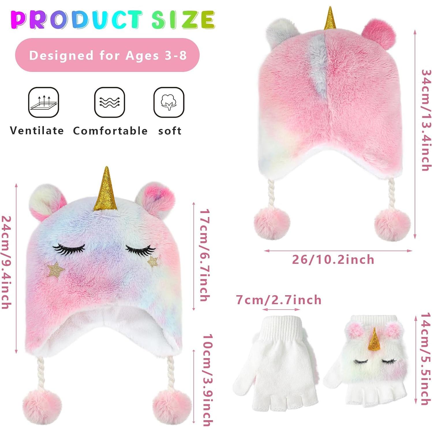 Conjunto de Gorro y Guantes de Unicornio para Niñas 3-10 Años