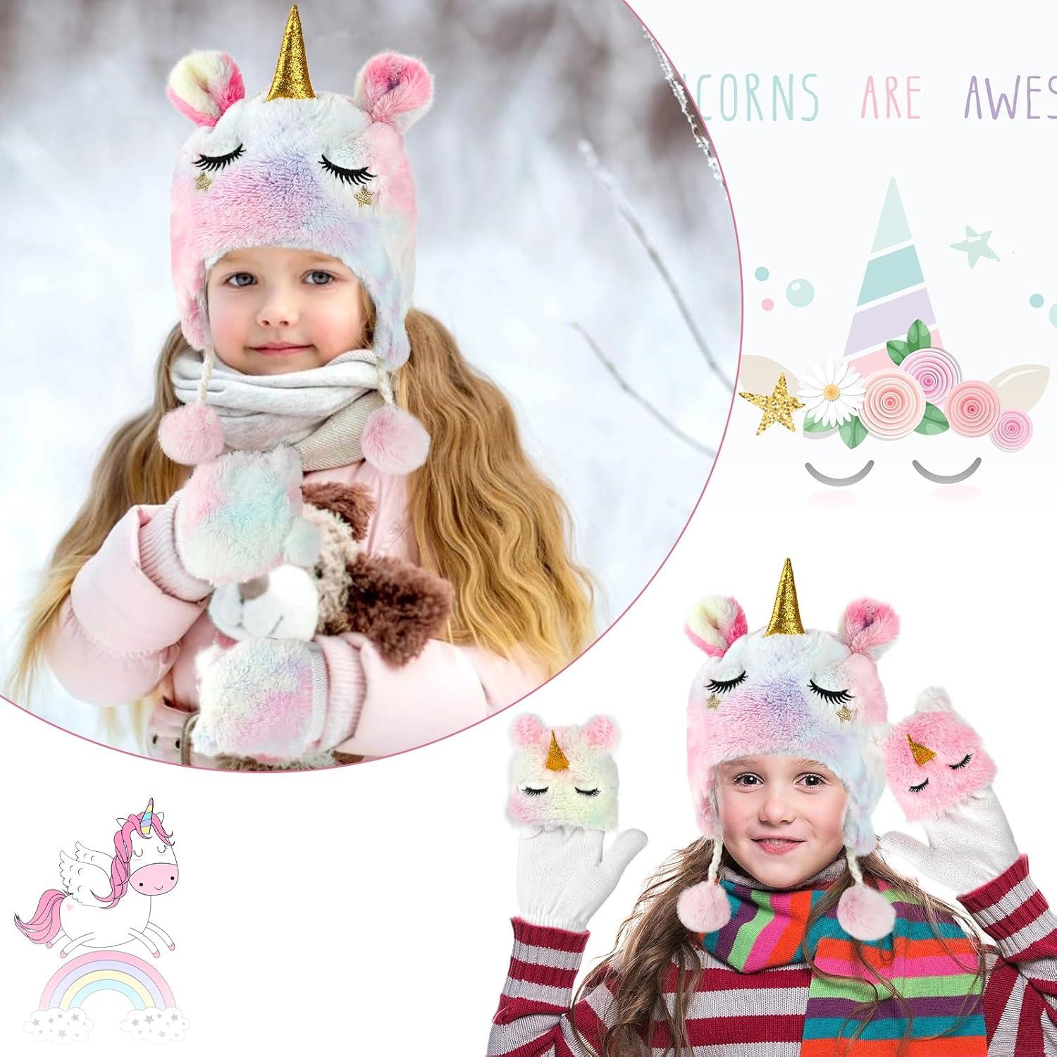 Conjunto de Gorro y Guantes de Unicornio para Niñas 3-10 Años