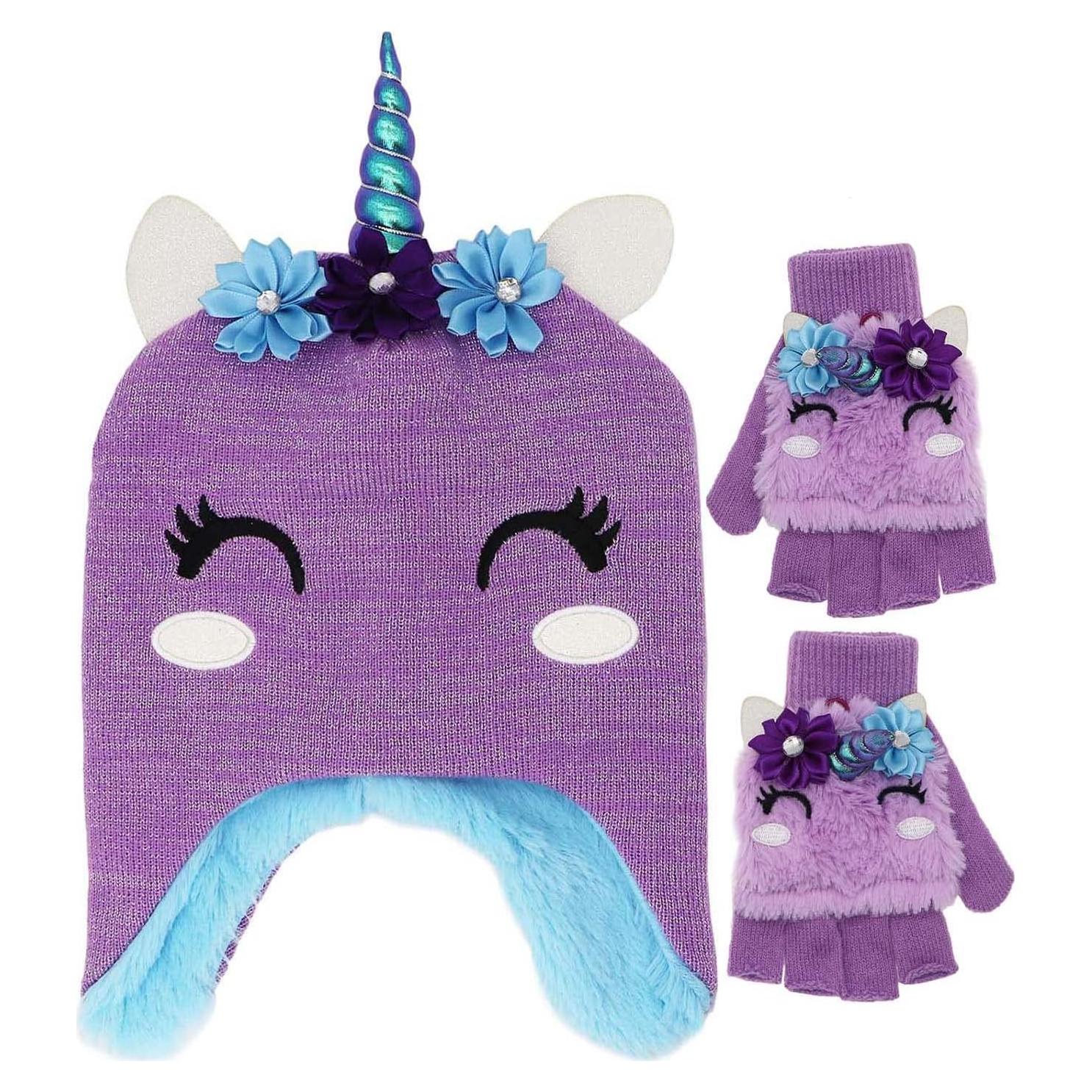 Conjunto de gorro y guantes de unicornio para niñas 3-9 años