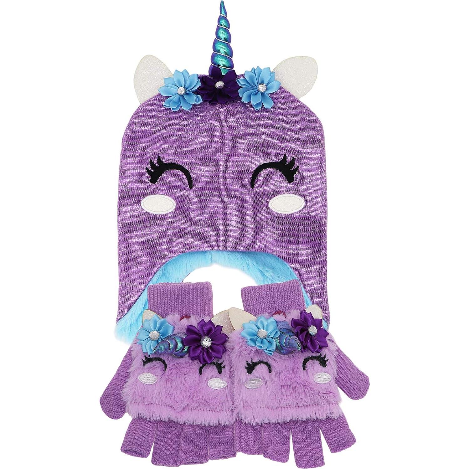 Conjunto de gorro y guantes de unicornio para niñas 3-9 años