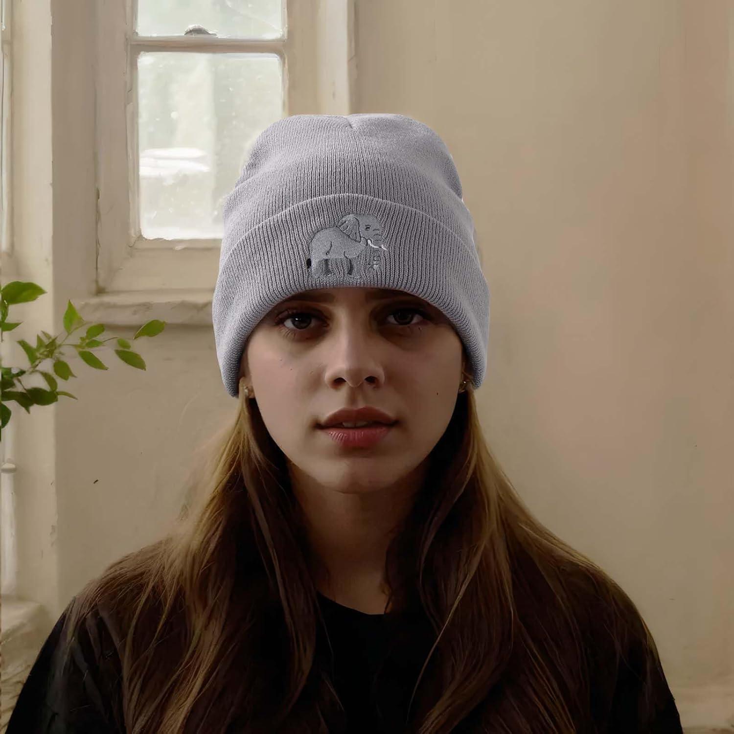 Gorro Beanie de Elefante Bordado para Mujeres - Gris