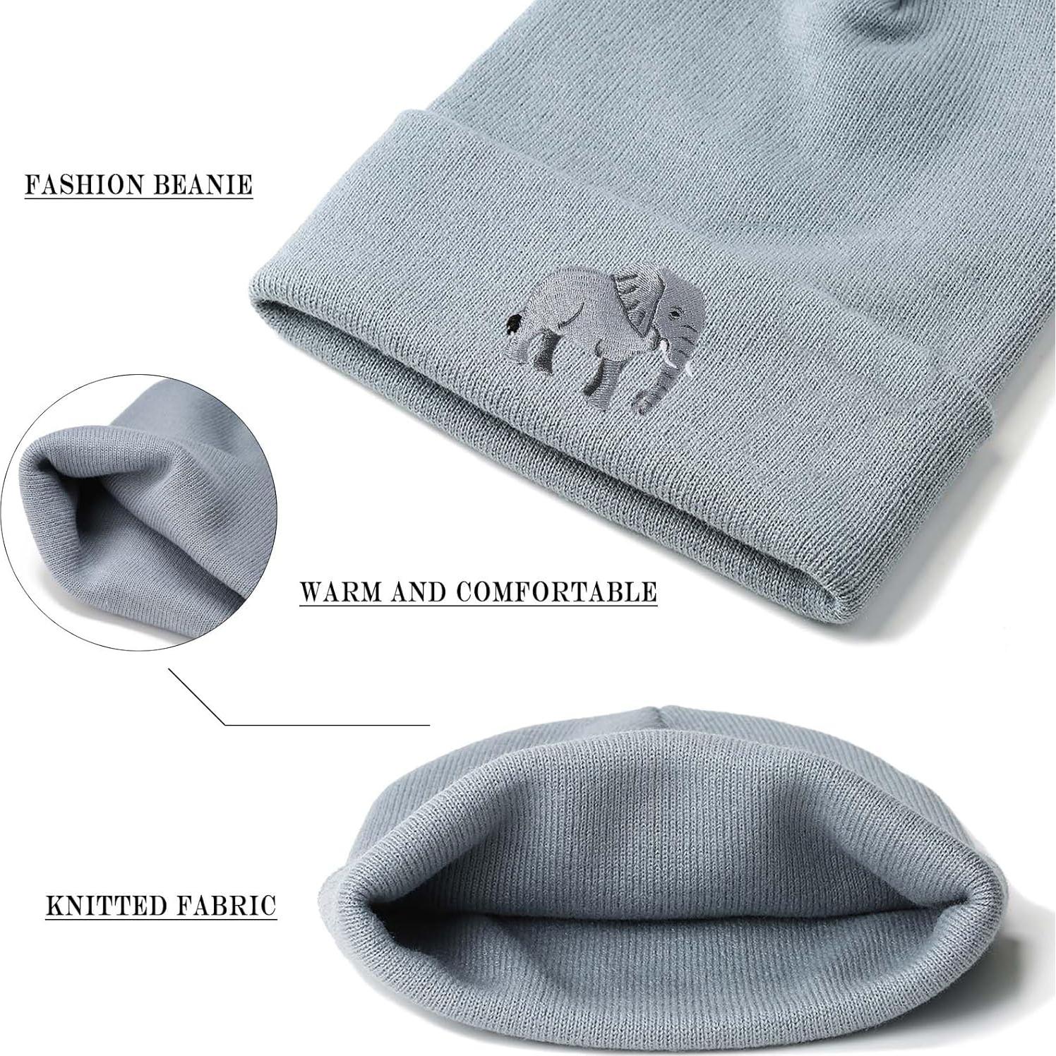 Gorro Beanie de Elefante Bordado para Mujeres - Gris