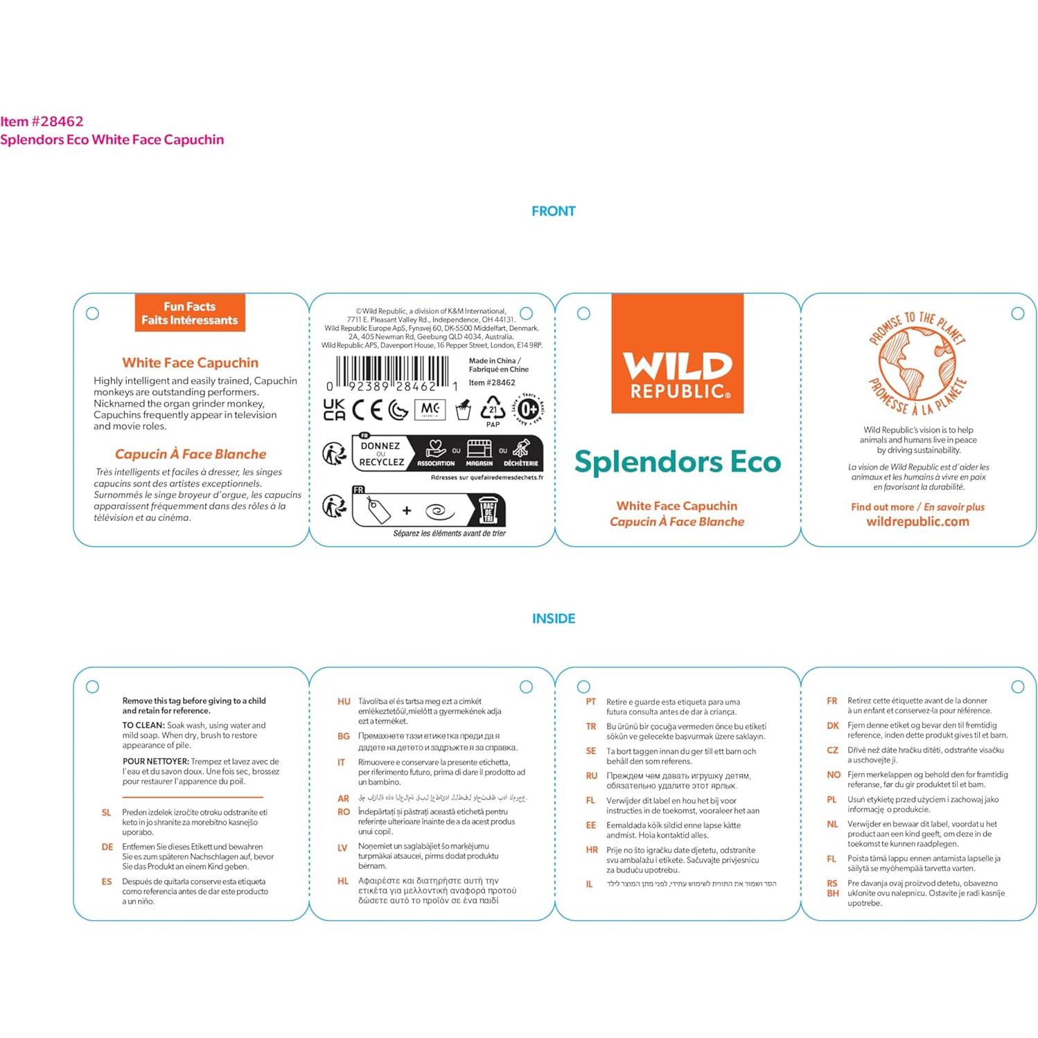 Capuchino de Cara Blanca Wild Republic 15 cm Peluche Ecológico