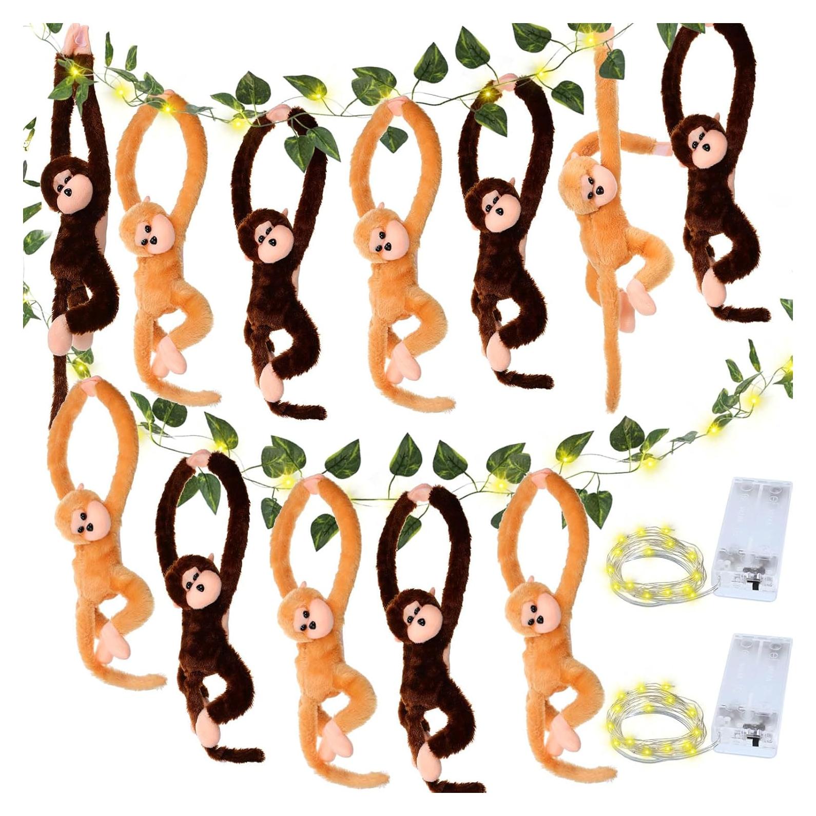 12 Monos de Peluche Colgantes 50 cm con Luces LED y Hiedra