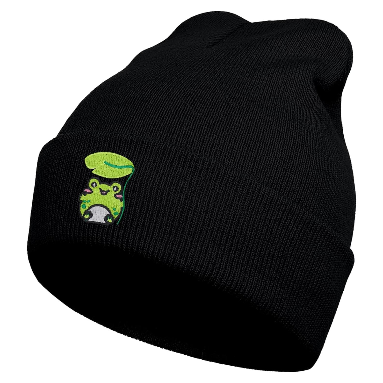 Gorro de Invierno Tejido Unisex con Bordado de Rana Verde