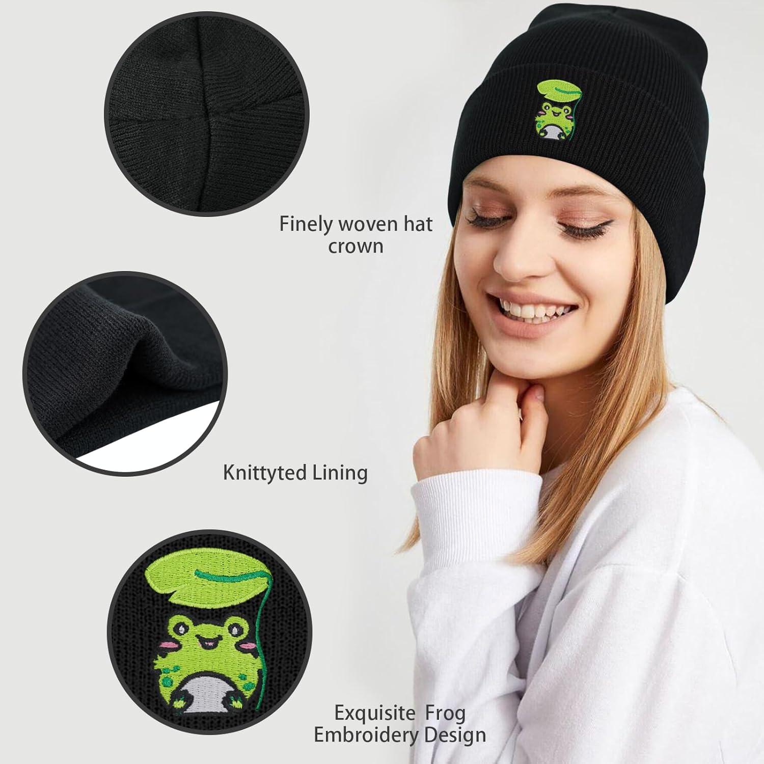 Gorro de Invierno Tejido Unisex con Bordado de Rana Verde