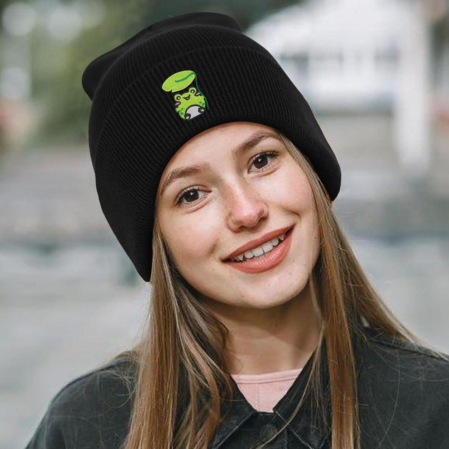 Gorro de Invierno Tejido Unisex con Bordado de Rana Verde