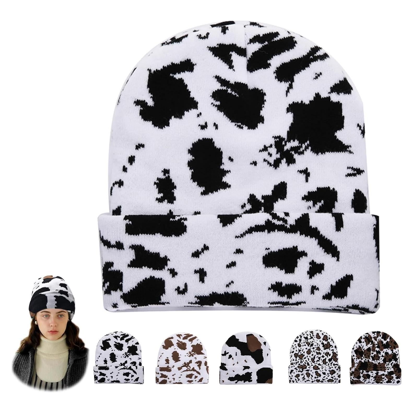 Gorro Unisex con Estampado de Vaca y Forro Polar Caliente